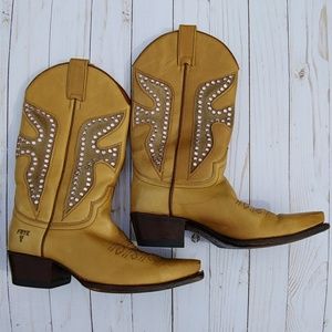 Frye Daisy Duke pink sequin cowgirl boots